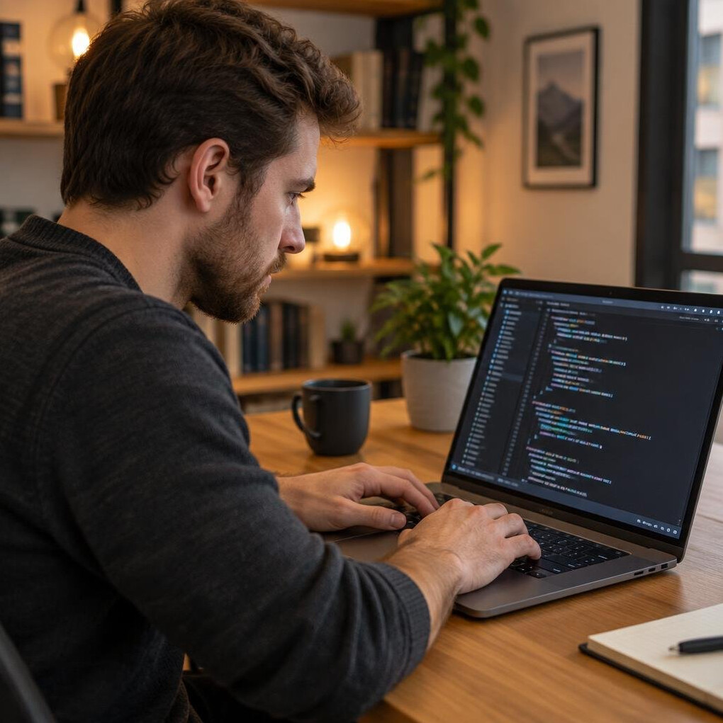 Person working late on a laptop with code on the screen