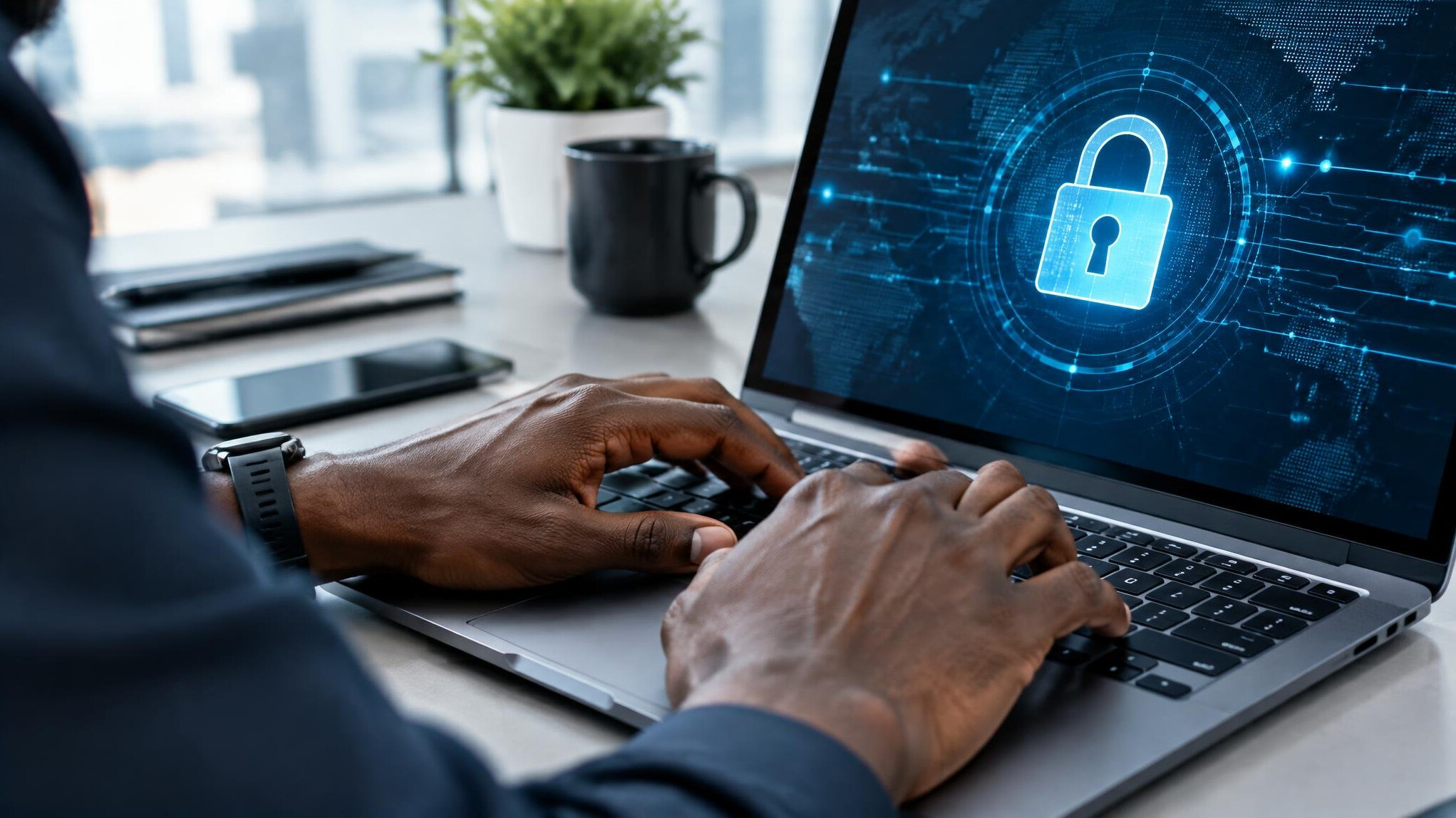 Close-up of hands typing on a laptop with a digital security lock icon overlay