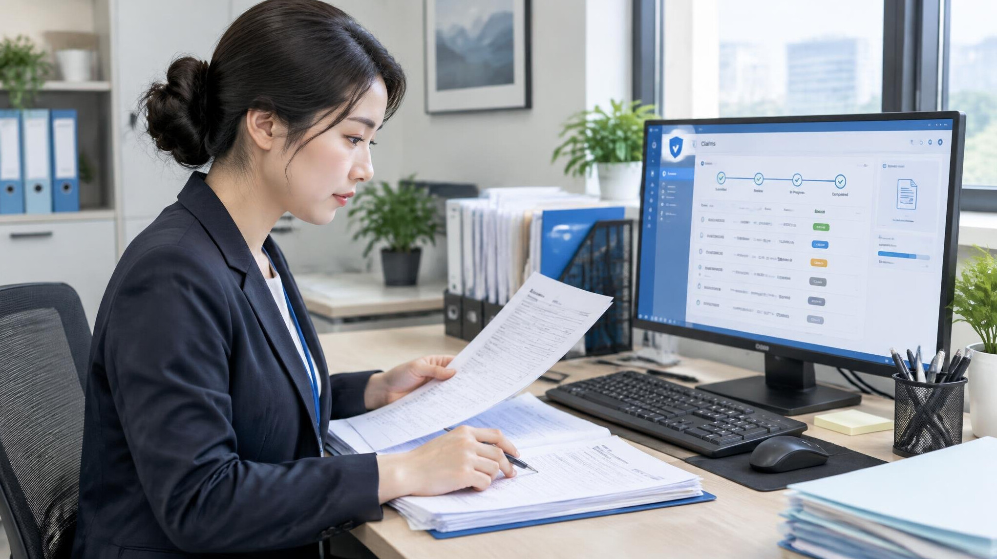 Office worker processing claim documents at a desk with a computer
