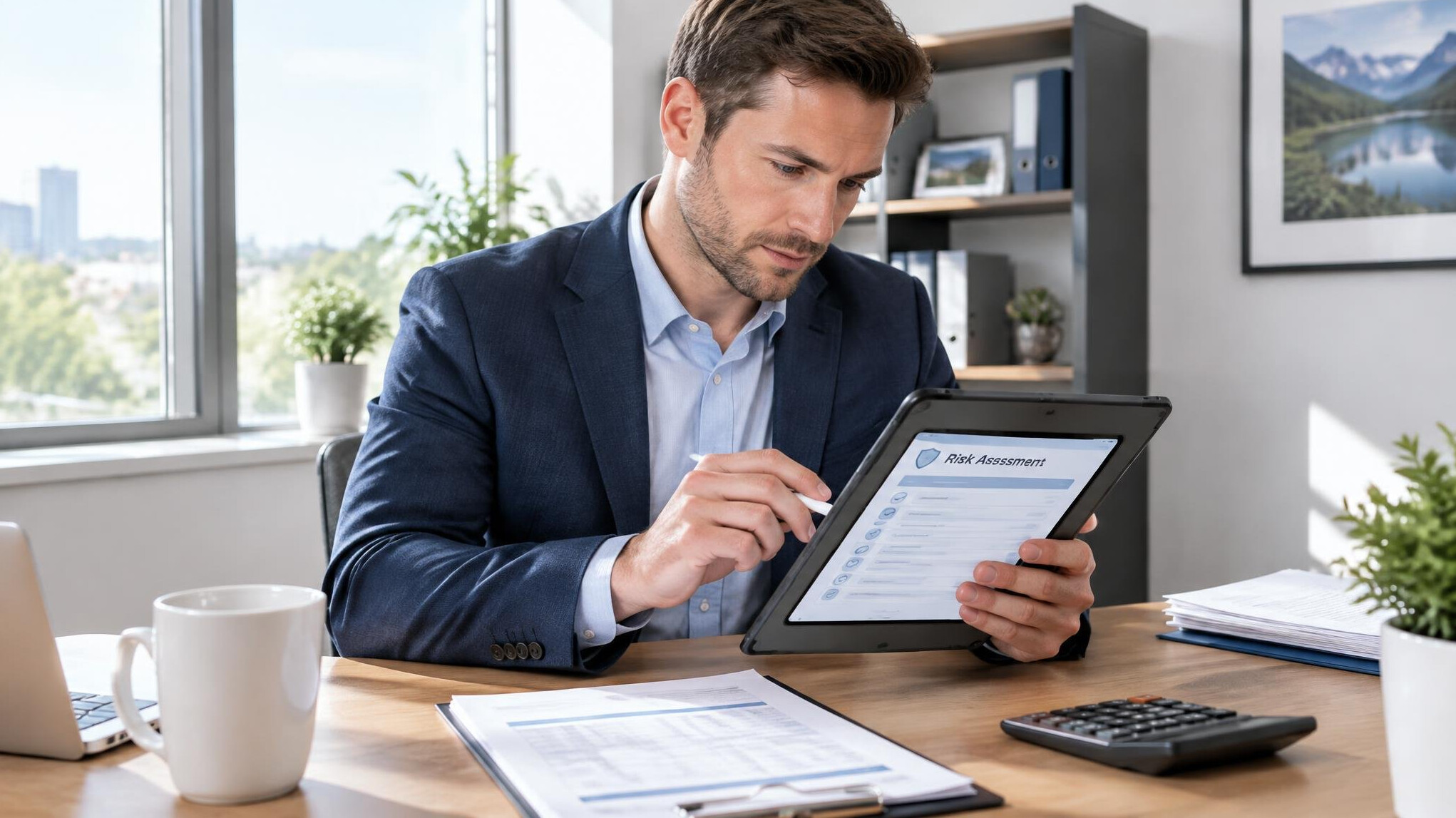 Insurance agent filling out a digital risk assessment form on a tablet