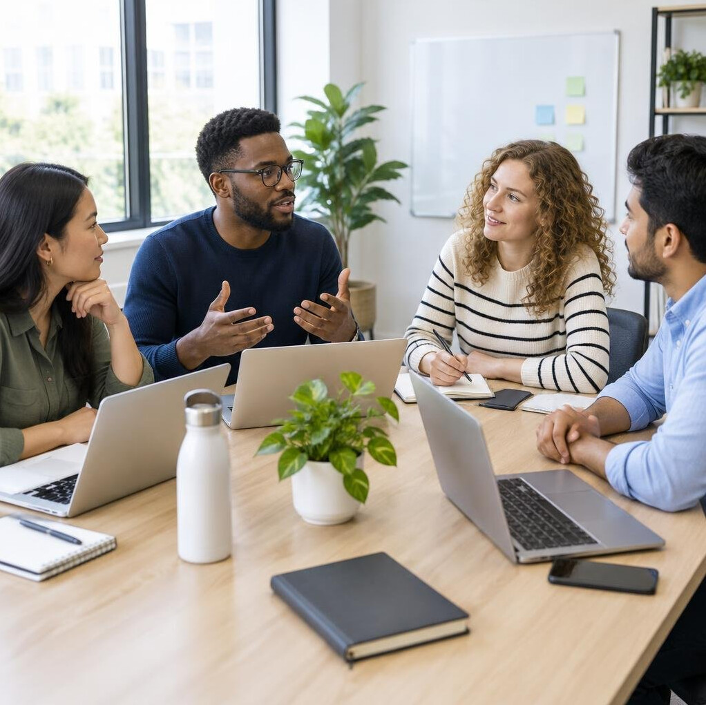 Team meeting around a table with laptops and notebooks