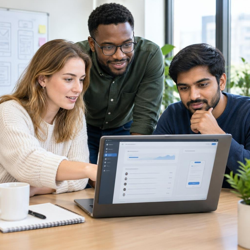 Team members collaborating around a laptop in an office