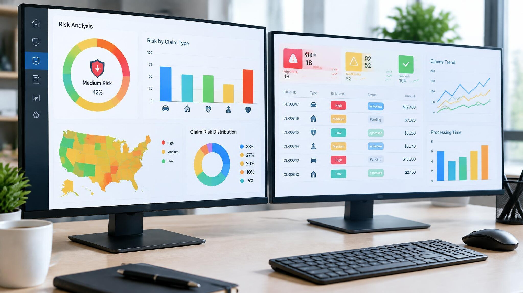 Analytics dashboard with charts and data on multiple monitors
