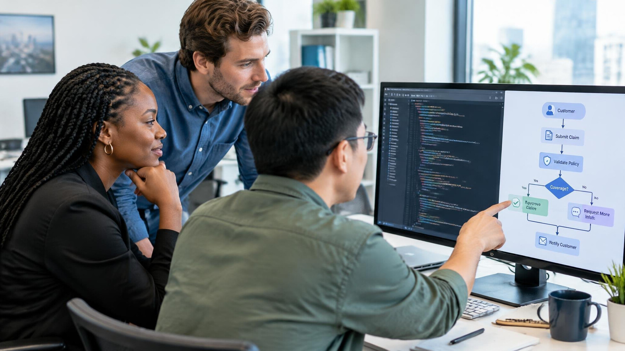 Small team gathered around a desk reviewing a project on a computer