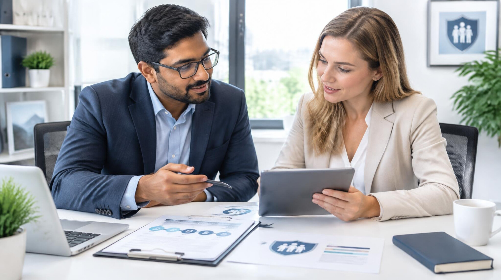 Two colleagues discussing a project over documents and a tablet
